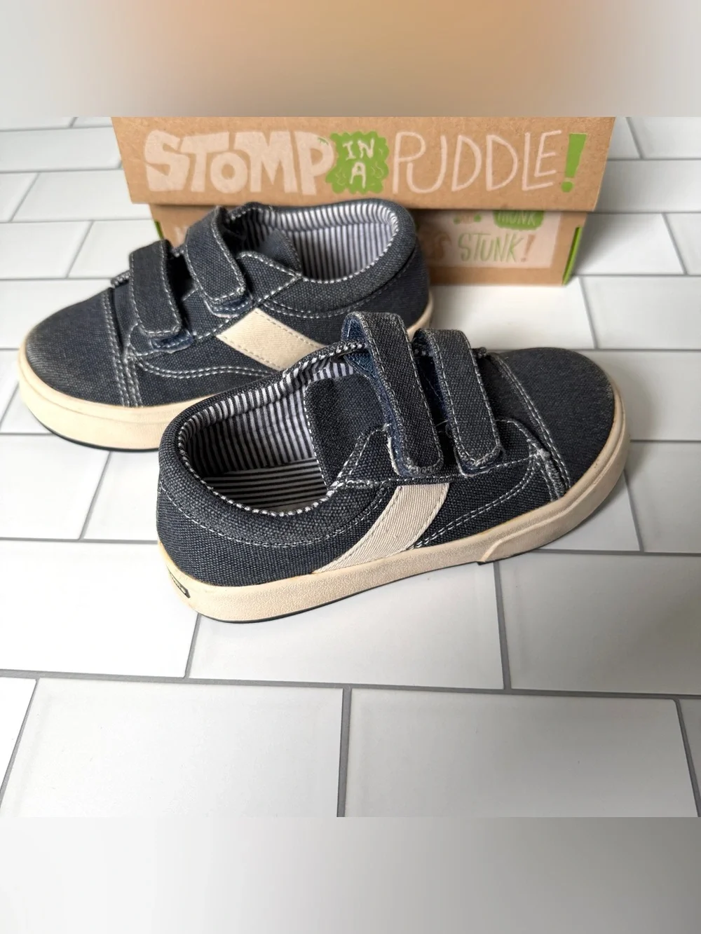 9💙 Morgan & Milo Toddler Boy Miles Double V Shoe Navy Blue Denim Velcro Sneakers
